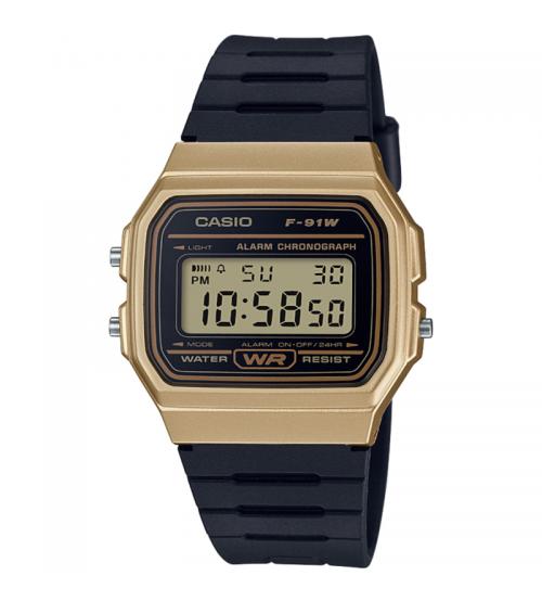 Casio F-91WM-9AEF Casual Digital Watch with Black Rubber Strap & Gold Plated Case