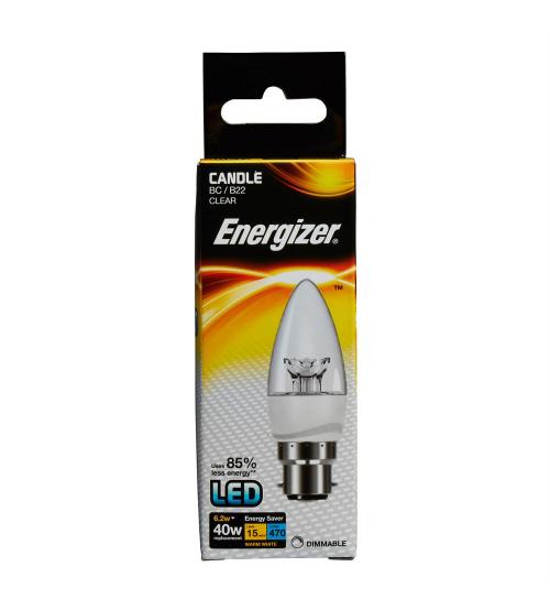 Energizer S8854 6.5W 470LM B22 Clear Dimmable LED Candle Bulb - Warm White