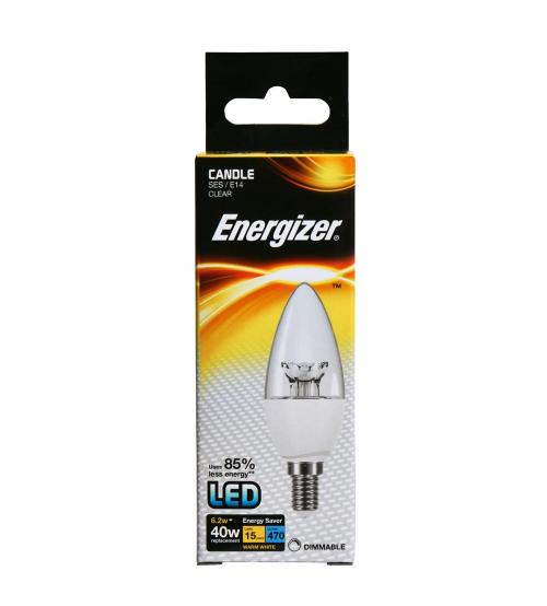 Energizer S8855 6.5W 470LM E14 Clear Dimmable LED Candle Bulb - Warm White