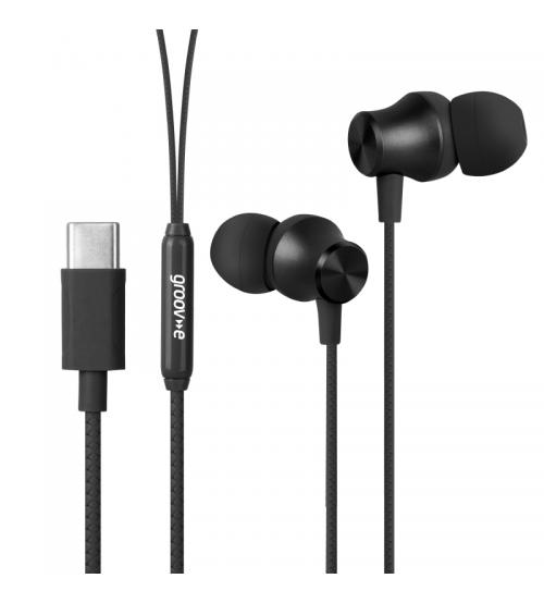 Groov-e GVEB17BK Metallic Buds USB-C Earphones with Remote Mic & Volume Control - Black