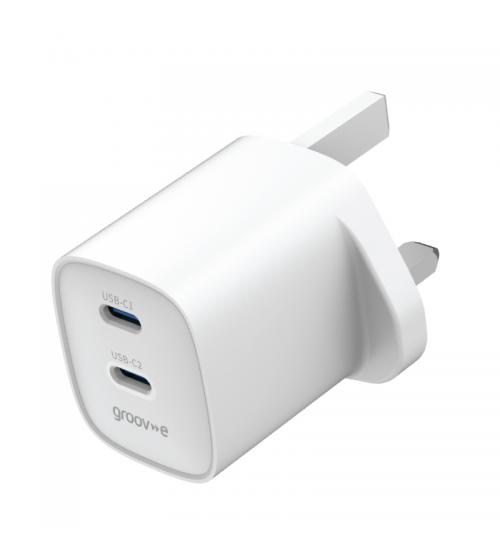 Groov-e GVMA108WE Dual USB-C 35W GaN Wall Charger with Power Delivery - White