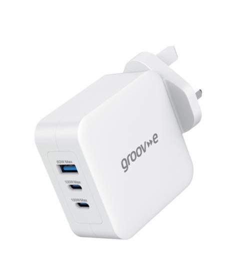 Groov-e GVMA110WE Dual USB-C & USB-A 100W GaN Wall Charger with Power Delivery - White
