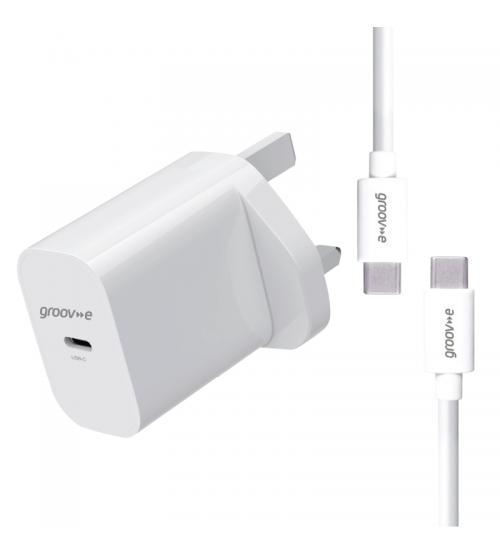 Groov-e GVMA112WE USB-C Wall Charger 25W with USB-C to USB-C Cable - White