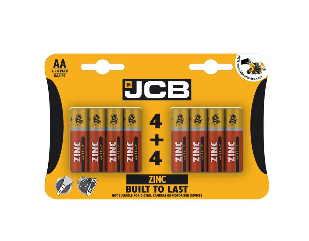 JCB S6586 1.5V R6 / AA Standard Zinc Batteries Carded 4 + 4
