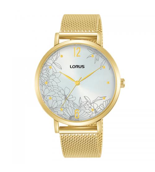 Lorus RG292TX9 Ladies Patterned White Dial Watch with Gold Stainless Steel Bracelet