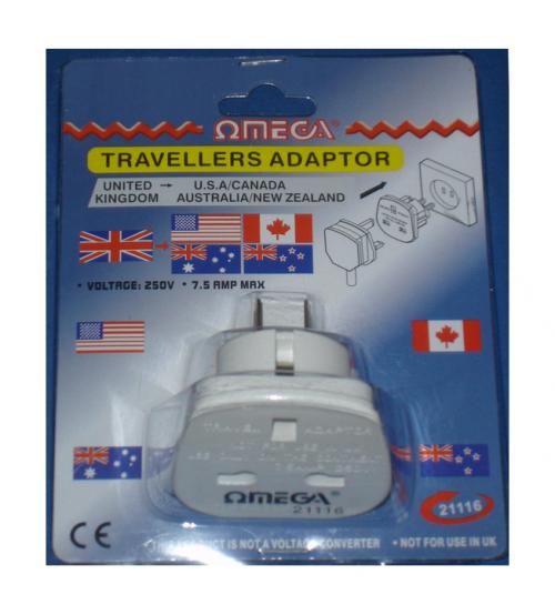 Omega 21116 UK to USA/CAN/AUS/NZ 2-Pin Plug Travel Adaptor