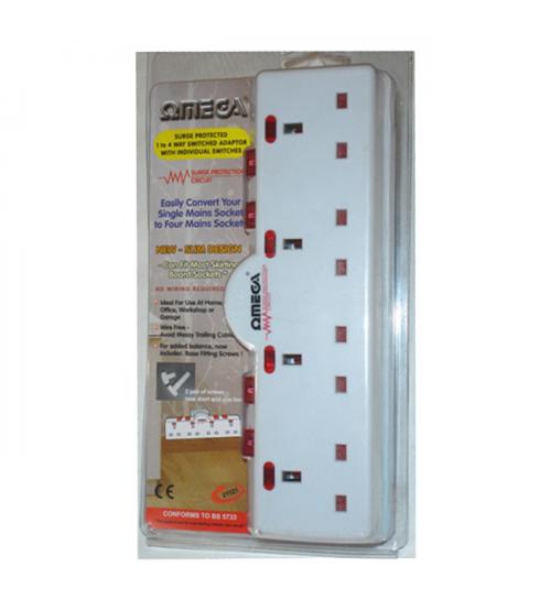 Omega 21127 4 Gang Independent Switched Adaptor with Surge Protection White