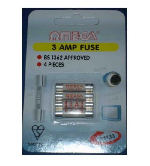 Omega 21133 3 Amp Mains Electrical Safety Plug Fuses UK Pack of 4 Blister Pack