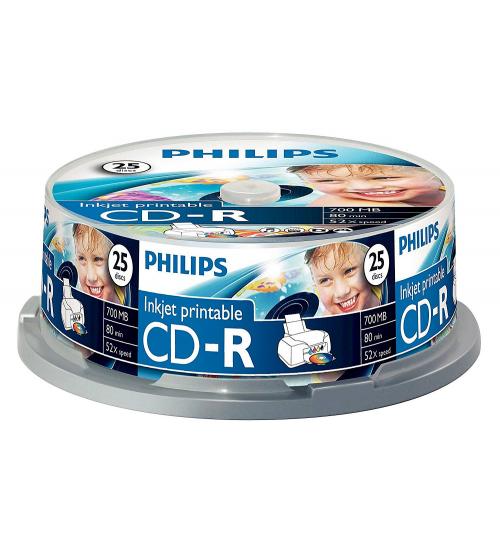 Philips PHICDR8025CBPRINT CD-R 80Min 700MB 52x (Inkjet Printable Spindle of 25)