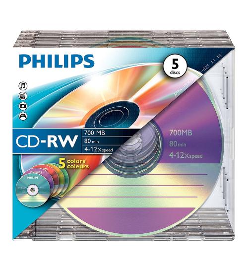 Philips PHICDRW805SLIM CD-RW 80Min 700MB 4-12x (Colour Slim Case Pack of 5)