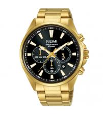 Pulsar PT3A40X1 Mens Gold Plated Dress Bracelet Chronograph Watch Black Dial 100M