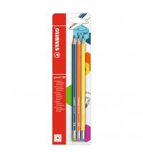 Stabilo B-50498-10 Hexagonal Graphite Pencil with Eraser 3pk - Petrol, Orange, Yellow - HB